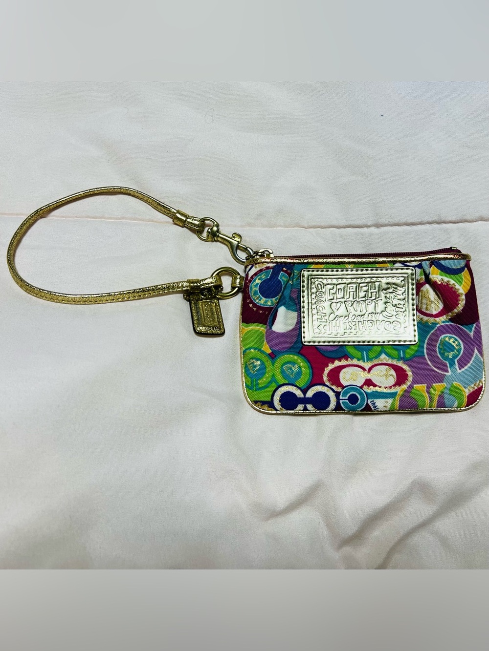 Coach Multicolor Signature Mini Wristlet with Gold Strap